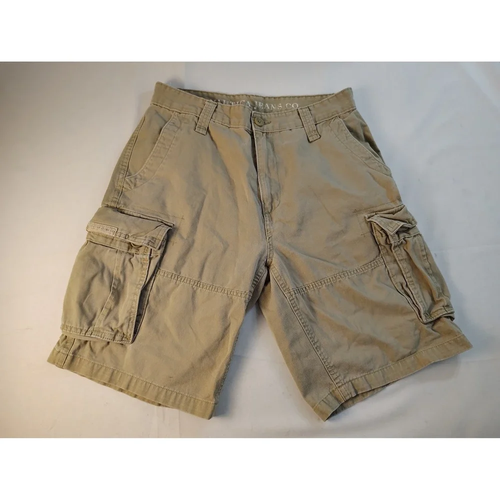 Nautica Jeans Co Mens 32W Khaki Tan Cotton Twill Multi Pocket Cargo Shorts